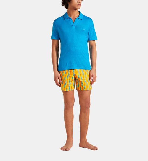 Men's Solid Linen Jersey Polo Shirt in Bleu Hawai