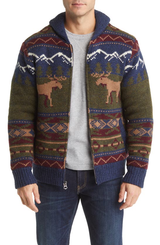 Schott Moose Shawl Collar Wool Blend Sweater Jacket With Faux Shearling Lining In Multi