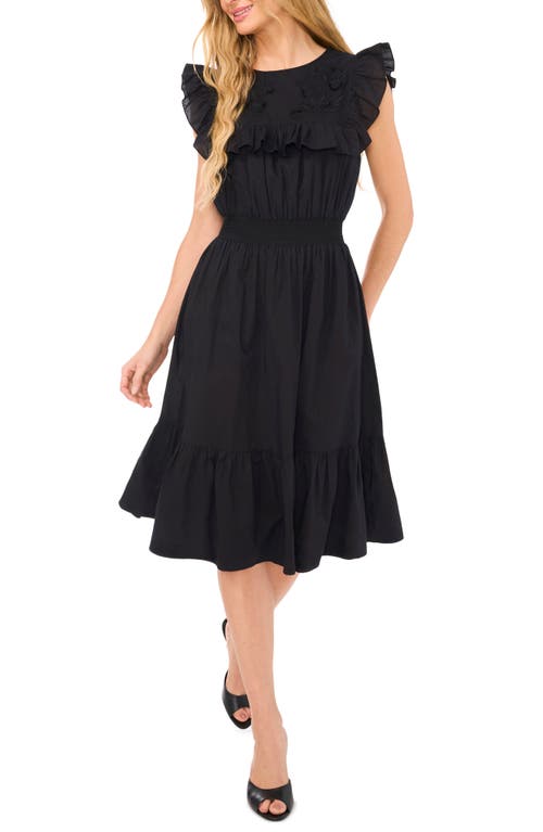 Shop Cece Ruffle Yoke Embroidered Midi Dress In Rich Black