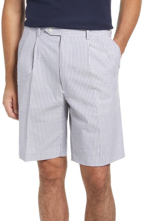 Pleated Seersucker Shorts in Navy