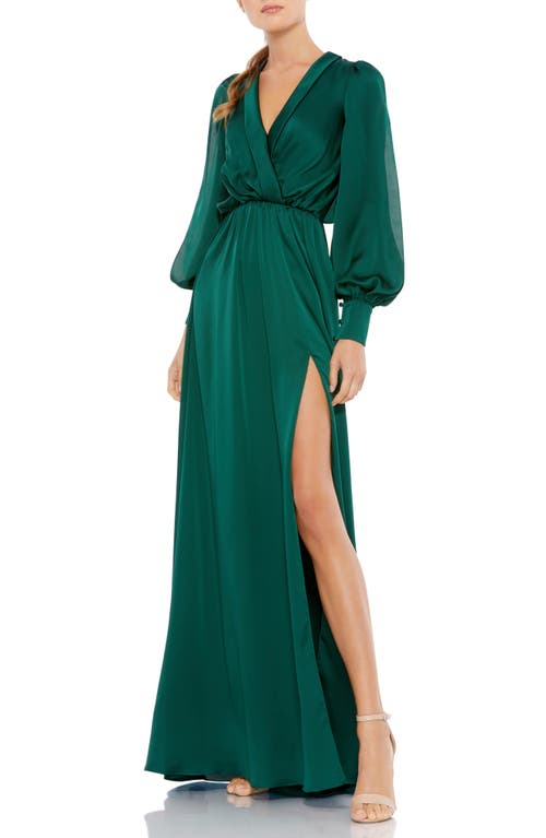 Split Long Sleeve Faux Wrap Satin Gown in Deep Emerald