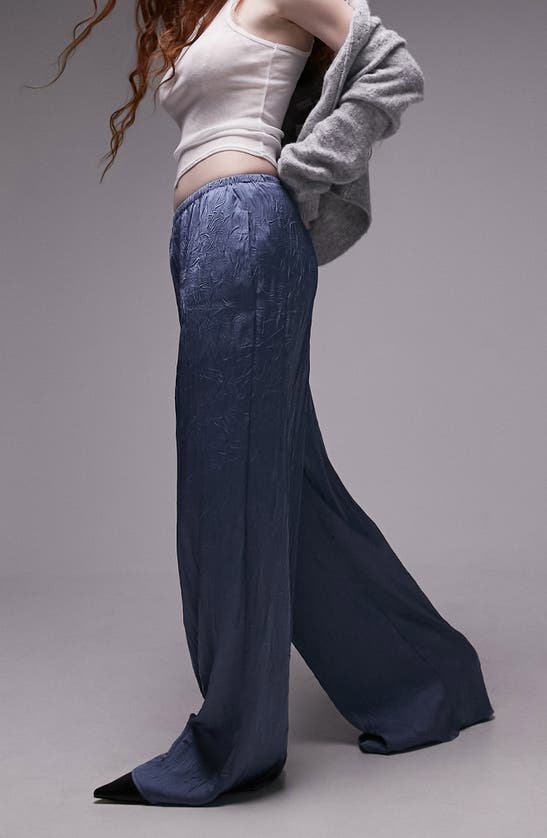 Shop Topshop Wide Leg Pull-on Trousers In Mid Blue
