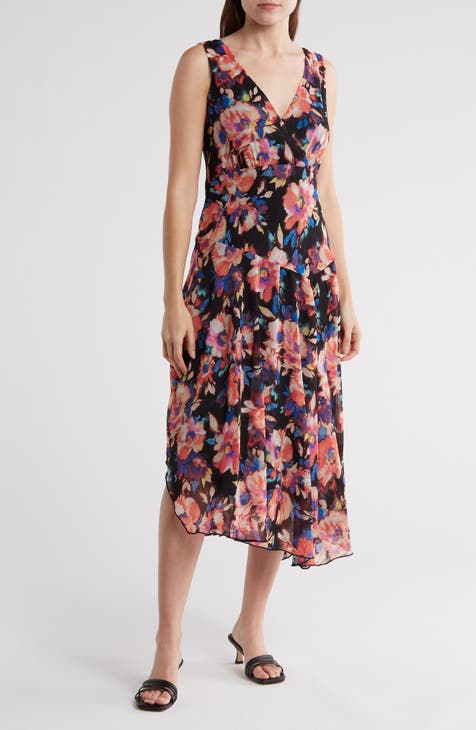 Floral Asymmetric Hem Chiffon Midi Dress