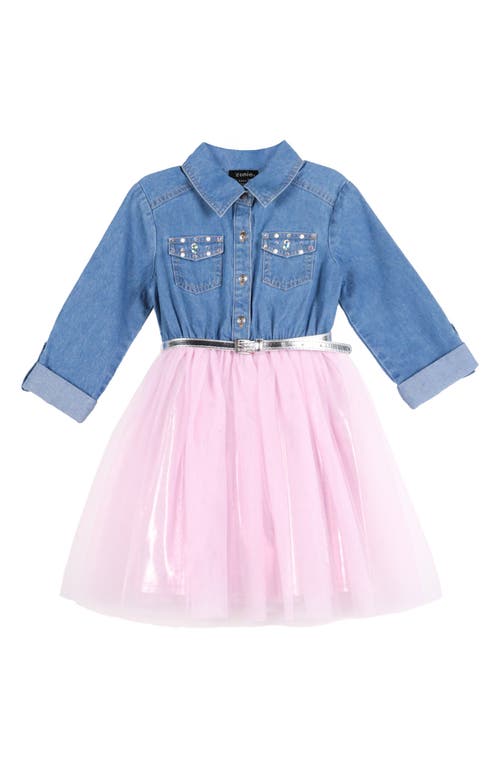 Shop Zunie Kids' Denim Bodice Dress In Denim/pink