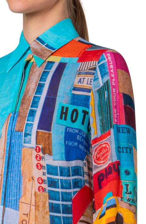 Akris Punto Nyc Paper Collage Print Long Sleeve Georgette Midi Shirtdress In Blue Multicolor