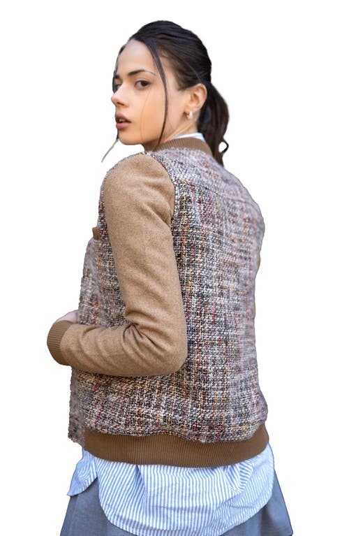 Shop Members Only Updated Tweed Varsity Jacket With Contrast Sleeve In Camel