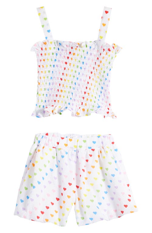 Lola & The Boys Kids' Rainbow Heart Smocked Tank & Shorts Set In White/multi