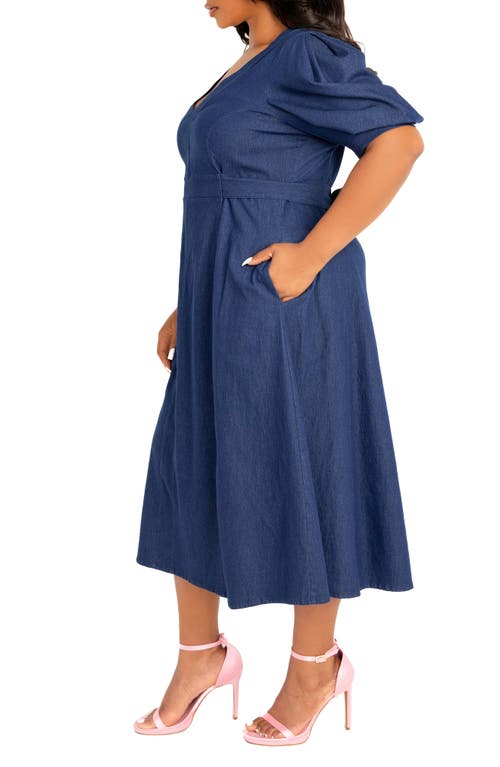 Shop Buxom Couture Puff Sleeve Denim Midi Dress In Denim Blue