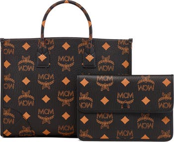 MCM Munchen Vintage Monogram Fabric Tote Large Leather (Denim