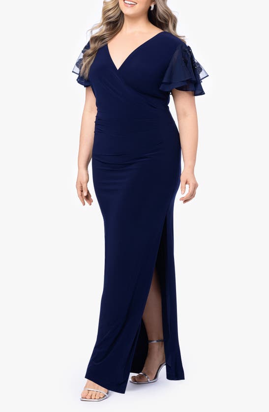 Betsy & Adam Sequin V-neck Flutter Sleeve Gown In Navy