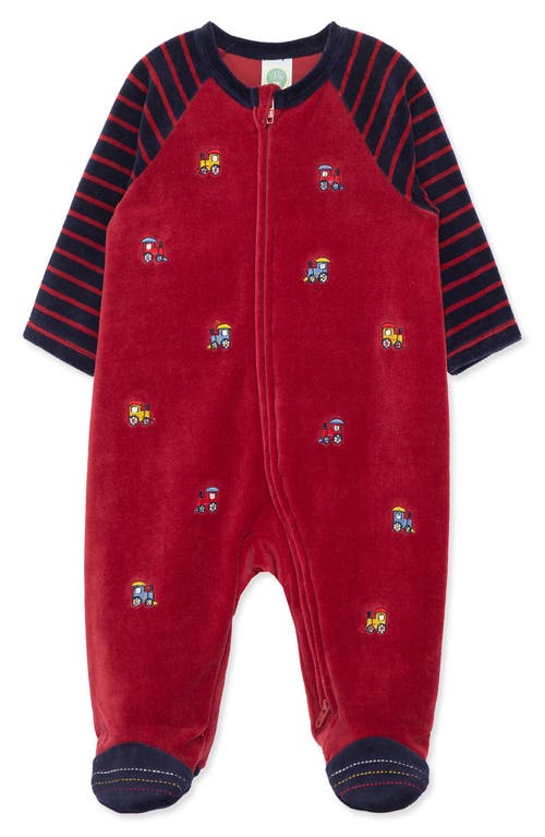 Little Me Train Embroidered Cotton Blend Velour Footie 