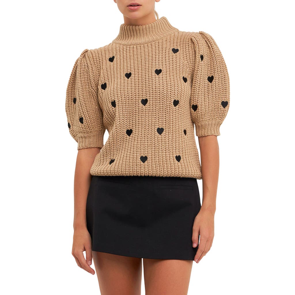 English Factory Heart Embroidered Puff Sleeve Sweater In Beige/black