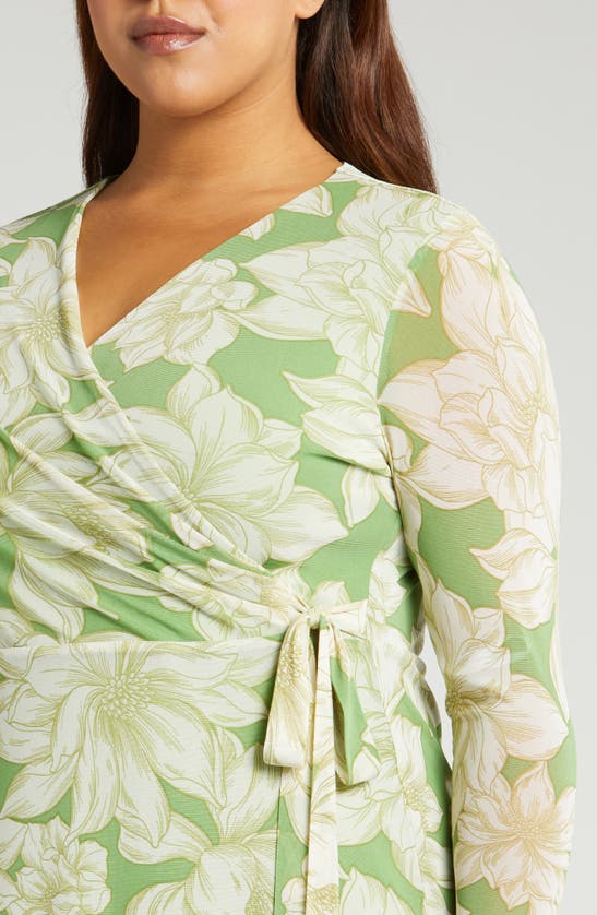 Shop Anne Klein Floral Faux Wrap Mesh Midi Dress In Foliage Multi