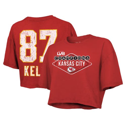 Women's Majestic Threads Travis Kelce Red Kansas City Chiefs Super Bowl LVIII Champions Boxy Cropped T-Shirt
