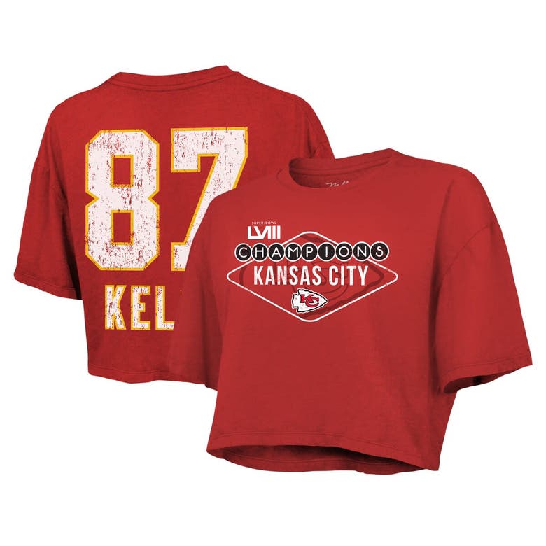 Majestic Threads Travis Kelce Red Kansas City Chiefs Super Bowl Lviii Champions Boxy Cropped T-shirt
