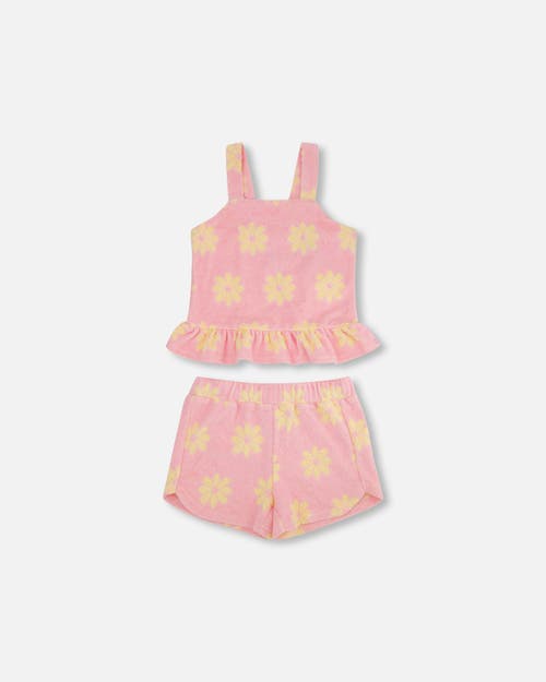 Deux Par Deux Girl's Terry Cloth Tank Top And Short Set Pink Printed Daisies