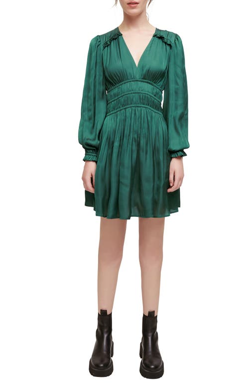 maje Rianna Smock Waist Long Sleeve Satin Dress Dark Green at Nordstrom,