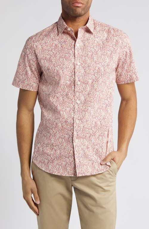 Bugatchi Orson Trim Fit Leaf Print Short Sleeve Stretch Button-Up Shirt Coral at Nordstrom,