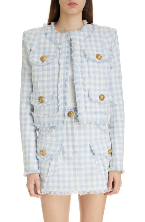 Shop Balmain Gingham Tweed Collarless Crop Jacket In Pale Blue/white