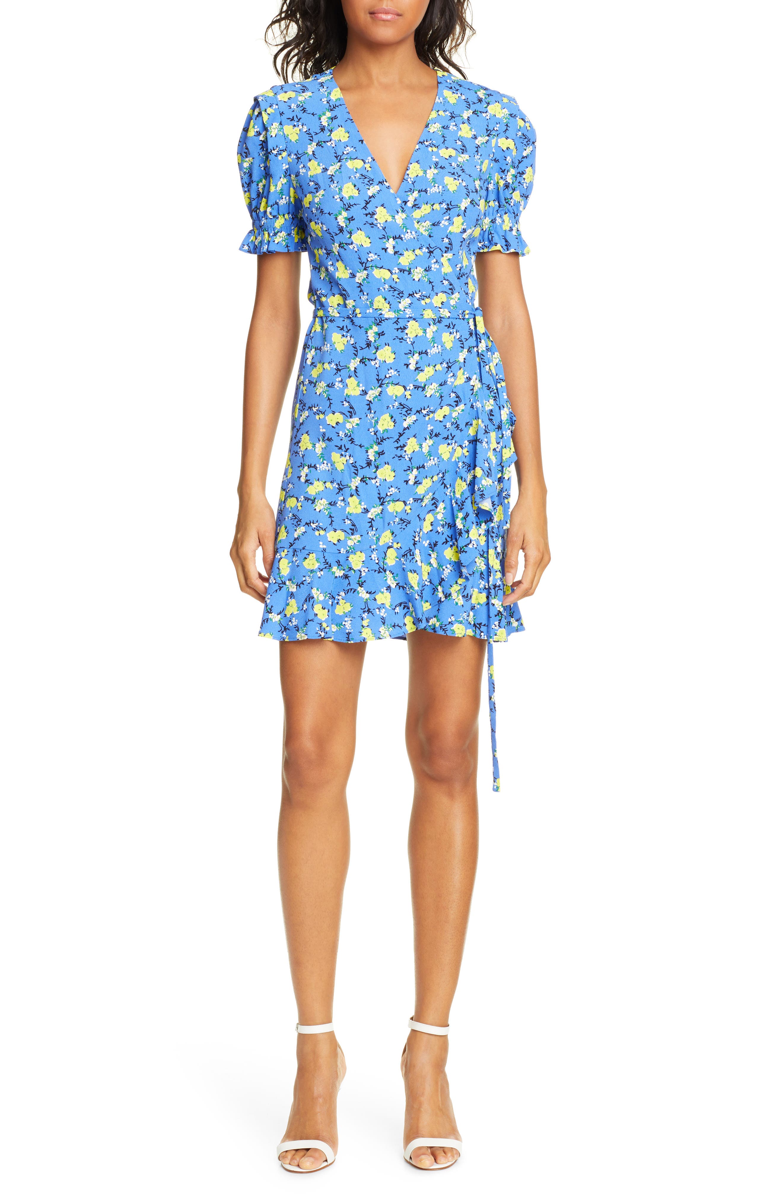 Dvf Emilia Floral Short Sleeve Wrap Dress, Blue