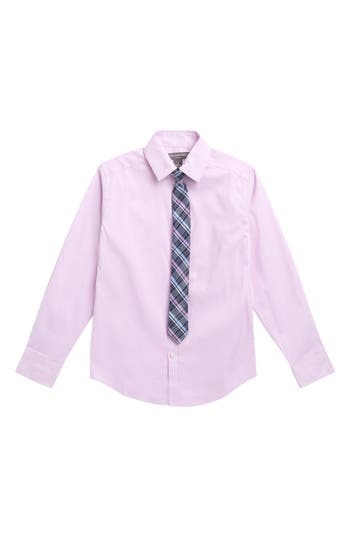 Van Heusen Kids' Herringbone Button-up Shirt & Plaid Tie In Pink