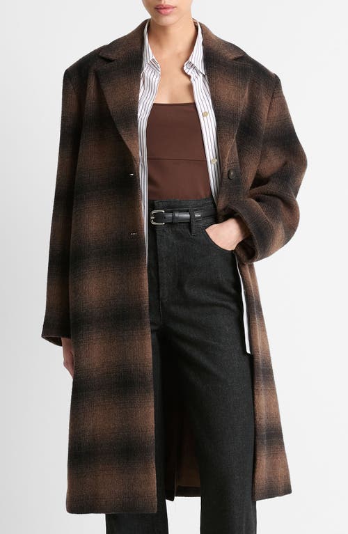 Shop Vince Shadow Plaid Wool Blend Coat In Deep Walnut