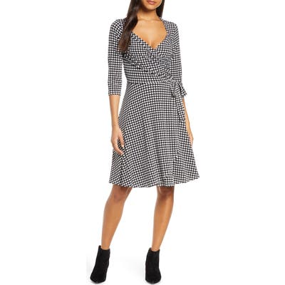 Leota Sweetheart Houndstooth Check Wrap Front Dress, Black