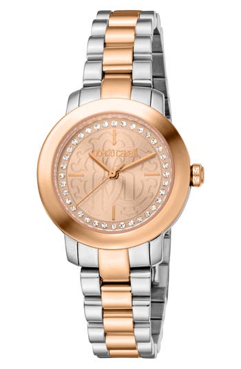 Roberto Cavalli Two-tone Crystal Bracelet Watch, 30mm In Two Tone Silver And Rose Gold