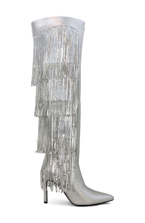Yoki Nayla Sequin Fringe Knee High Boot In Silver