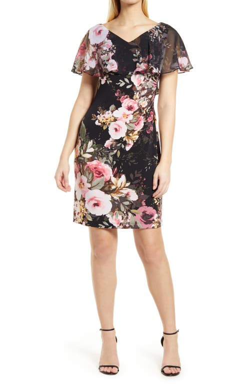 Connected Apparel Floral Print Knit Cape Dress in Black at Nordstrom, Size 8