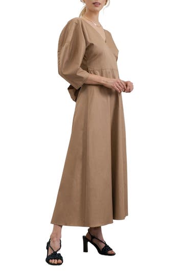 Zoe And Claire Puff Sleeve Bow Tie Dress In Brown