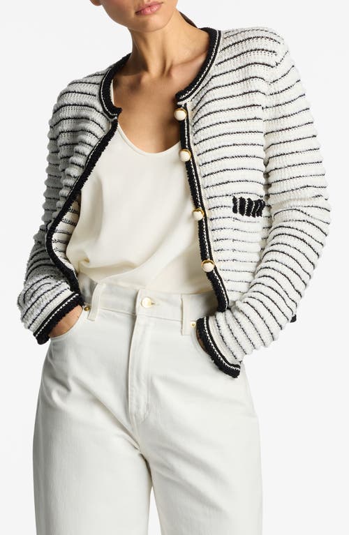 Stripe Eyelash Chenille Sweater Jacket in Ecru/Black