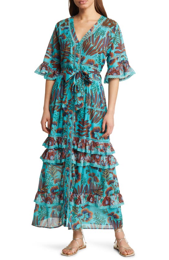 Barok Paris Floral Print Ruffle Cotton Dress In Turquoise