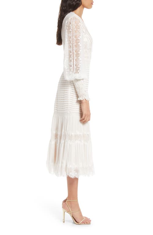 Tadashi Shoji Lace Pintuck Long Sleeve Midi Cocktail Dress In White/petal