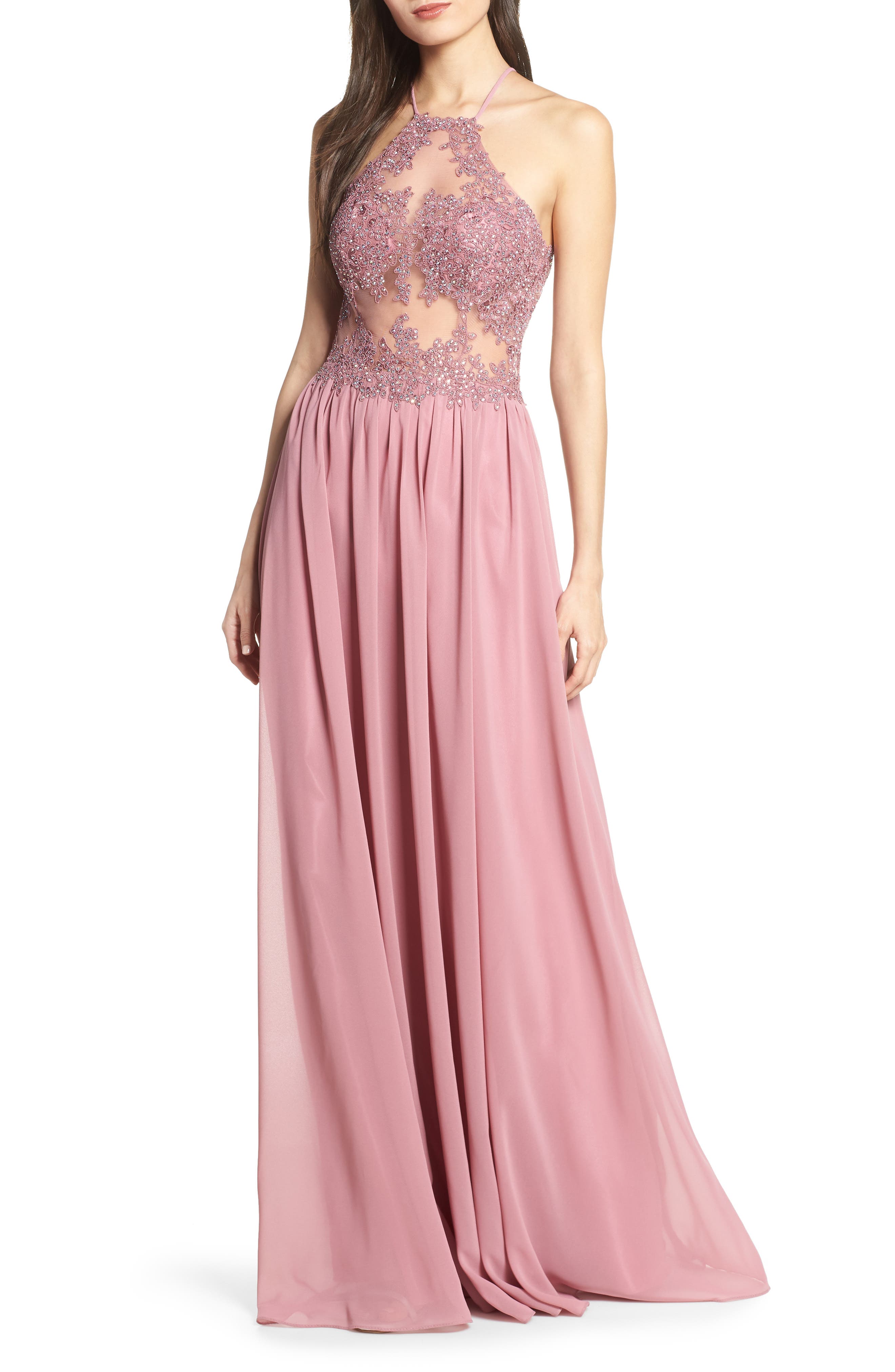 Blondie Nites Embroidered Illusion Halter Bodice Evening Dress, Pink