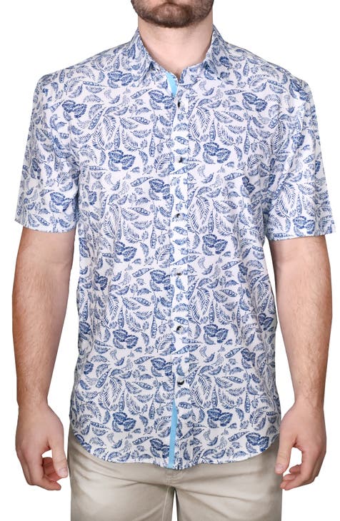 Modern Fit Leaf Print Short Sleeve Button-Up Shirt