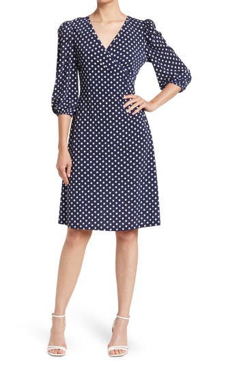 Shop Love By Design Amelia Ruched Wrap Dress In Navy/white Polka Dot