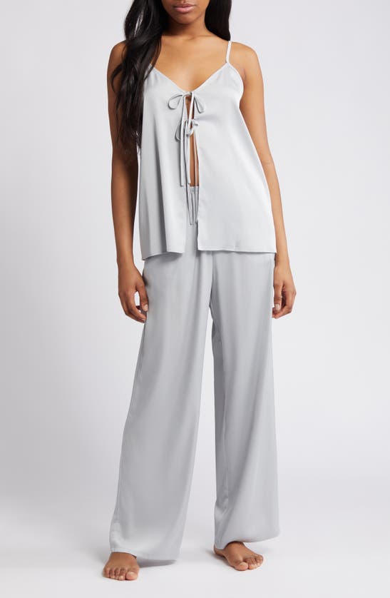 Shop Open Edit Tie Front Satin Pajamas In Grey Silk