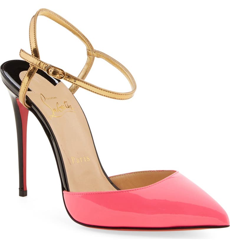 CHRISTIAN LOUBOUTIN 'Rivierina' Ankle Strap Pump, Main, color, SHOCKING PINK/ BLACK PATENT