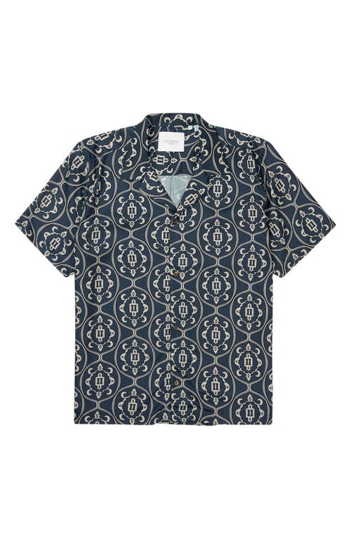 Les Deux Ornament Short Sleeve Tencel® Button-Up Shirt in Dark Navy/Ivory