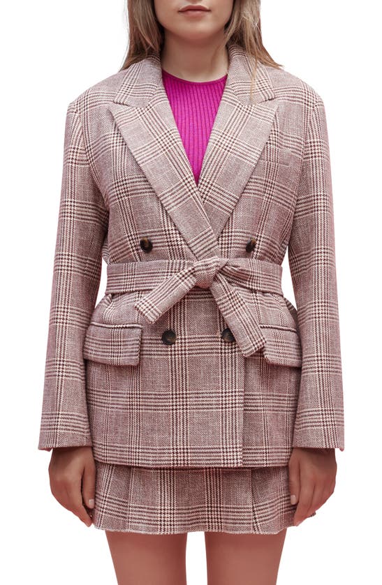 Maje Vinone Plaid Tie Waist Blazer In Burgundy