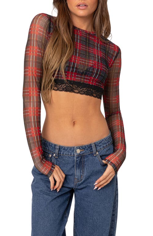 EDIKTED Noel Plaid Lace Trim Semisheer Mesh Crop Top Black/red at Nordstrom,