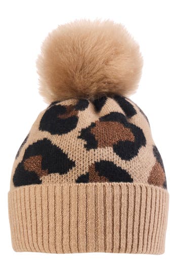 Amicale Genuine Shearling Pompom & Cashmere Knit Beanie In Camel