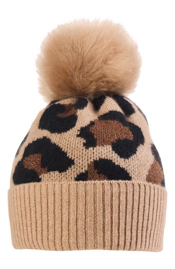 Amicale Genuine Shearling Pompom & Cashmere Knit Beanie In Brown