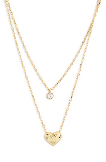 Argento Vivo Sterling Silver Cubic Zirconia Charm & Puffy Heart Pendant Layered Necklace In Gold
