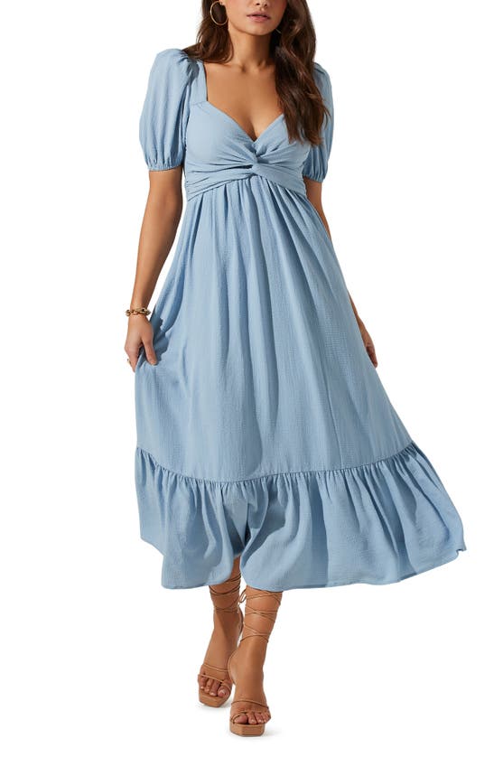 Astr Tie Back Puff Sleeve Midi Dress In Blue