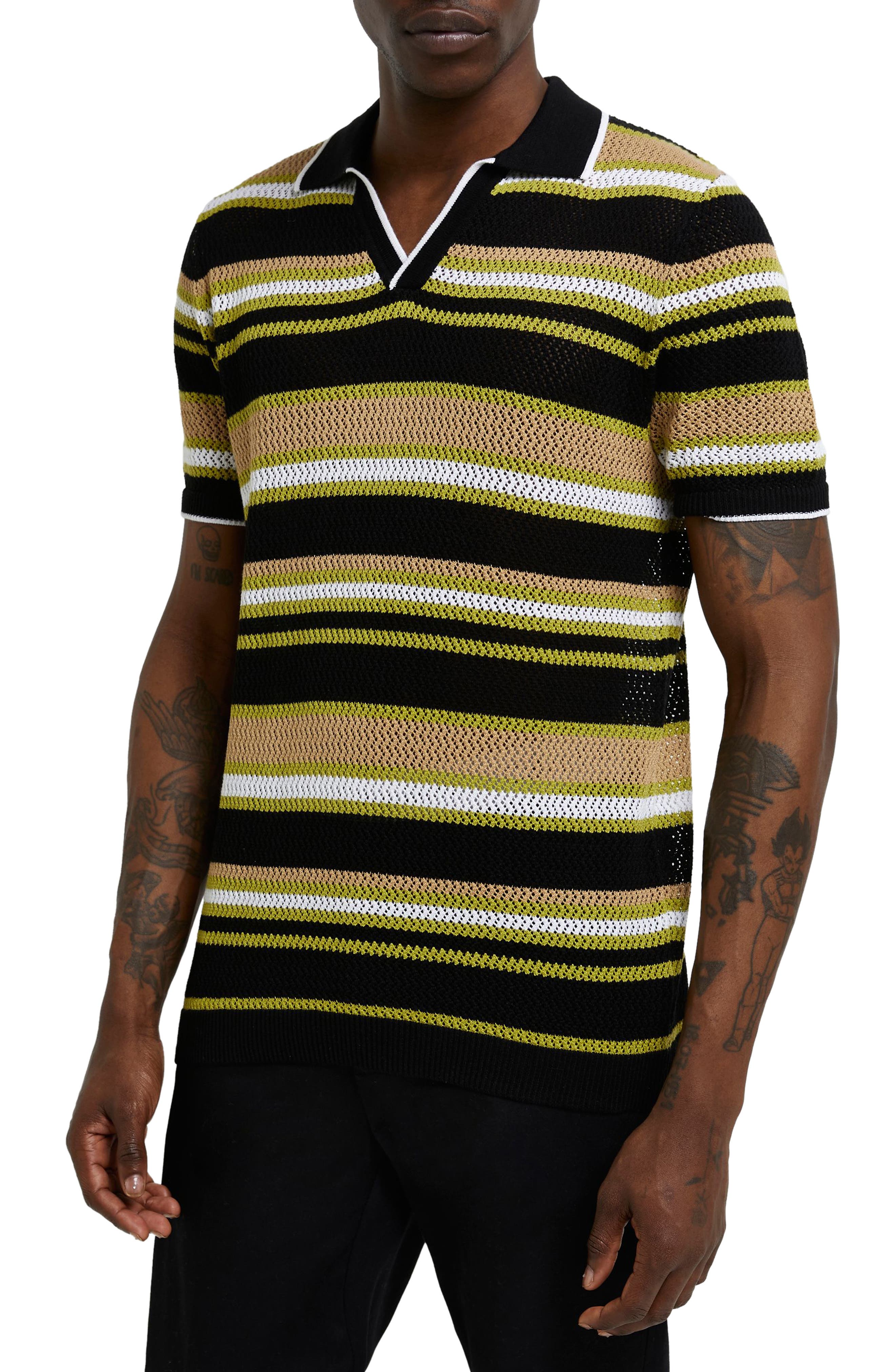 UPC 038947000050 product image for River Island Stripe Mesh Polo in Black at Nordstrom, Size Small | upcitemdb.com