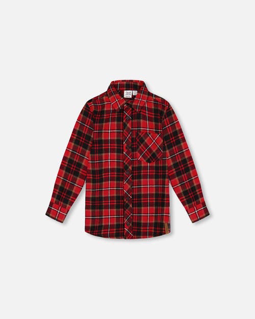 Shop Deux Par Deux Boy's Long Sleeve Button Down Flannel Shirt Plaid Black And Red In Red Plaid