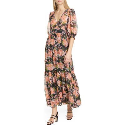 Bytimo Puff Sleeve Floral Chiffon Maxi Dress, Black