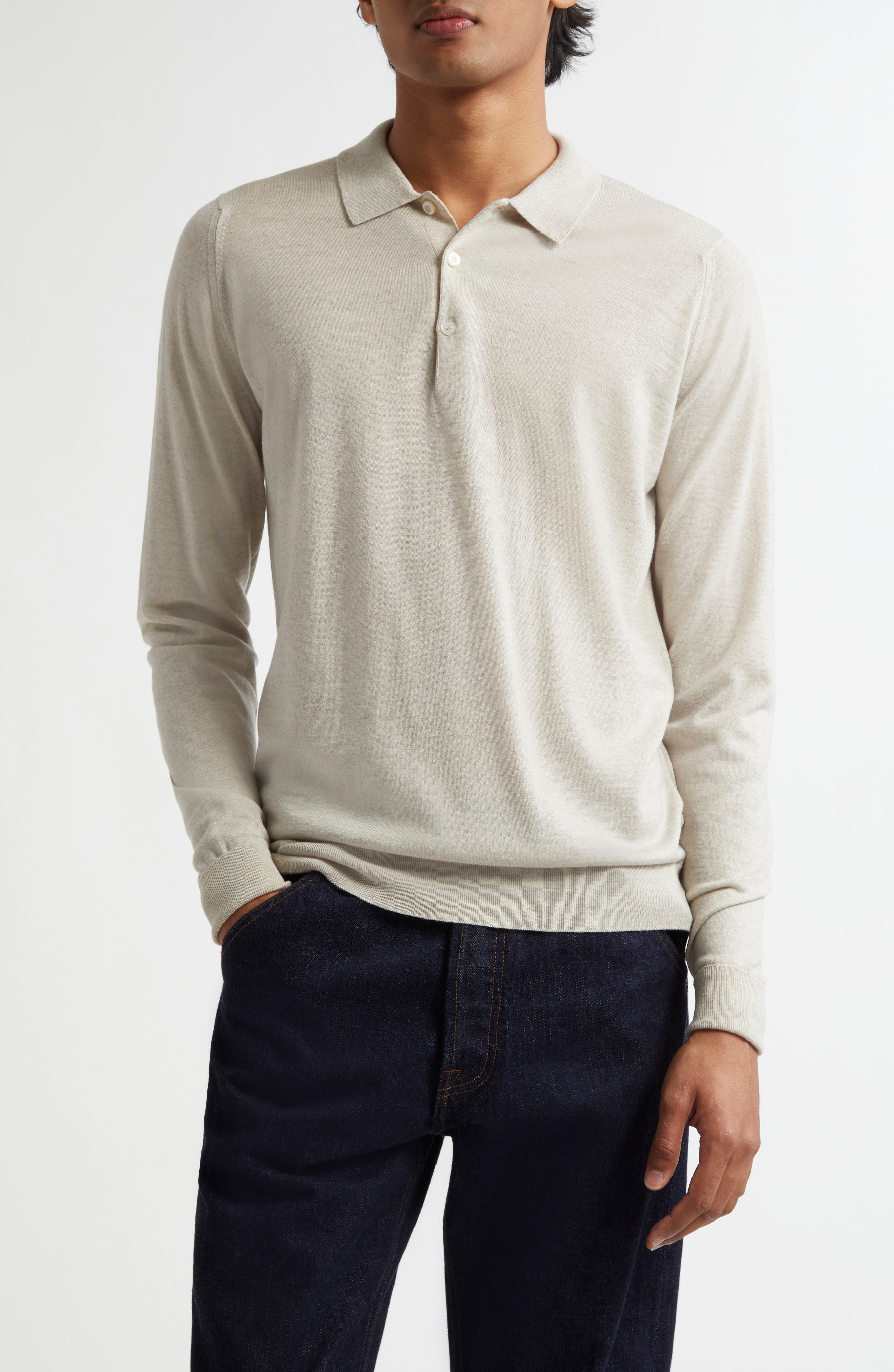 John Smedley Cotswold Wool Polo Sweater in Grey Fleece 
